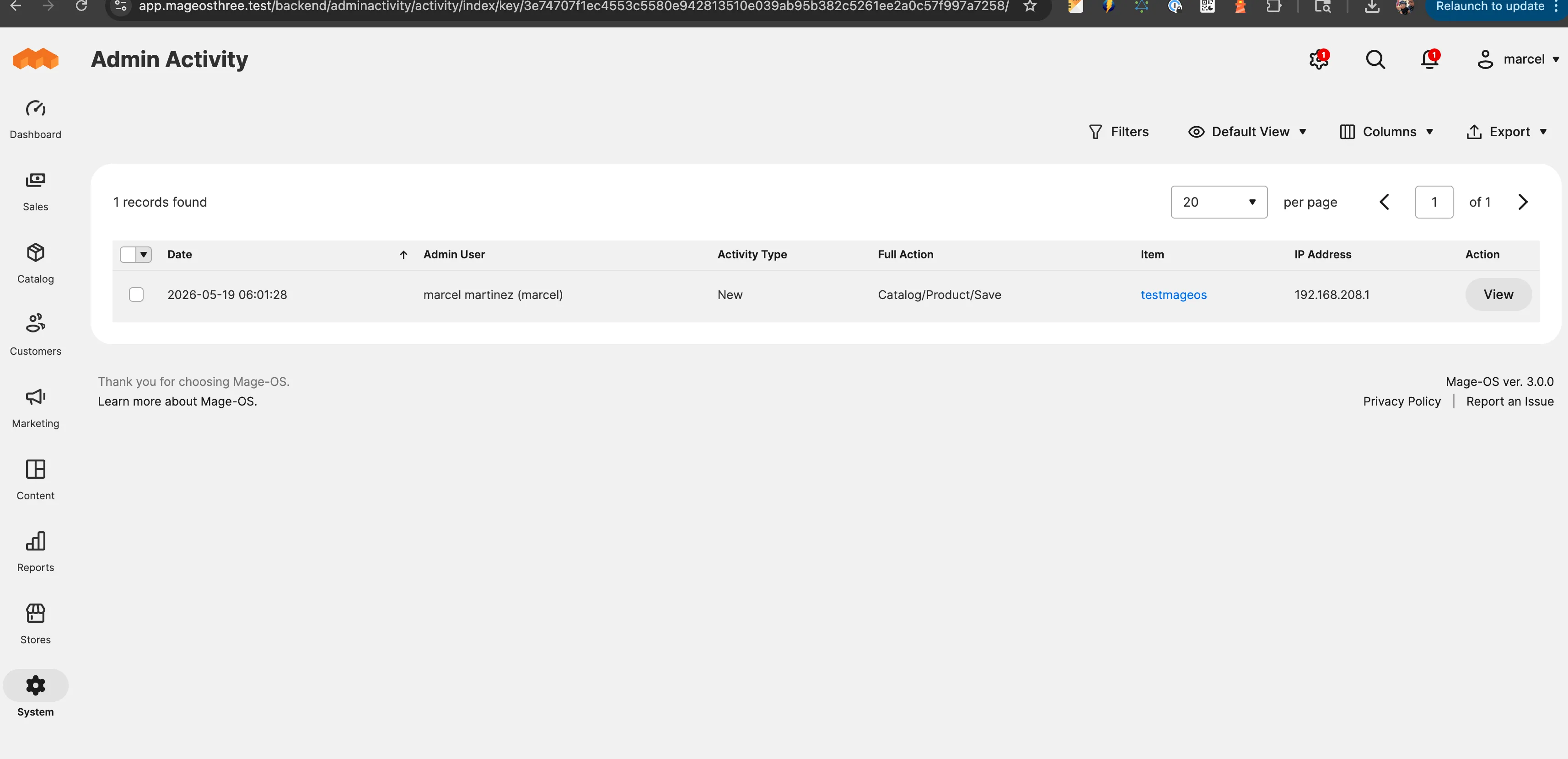 The Admin Activity Log grid showing logged admin actions