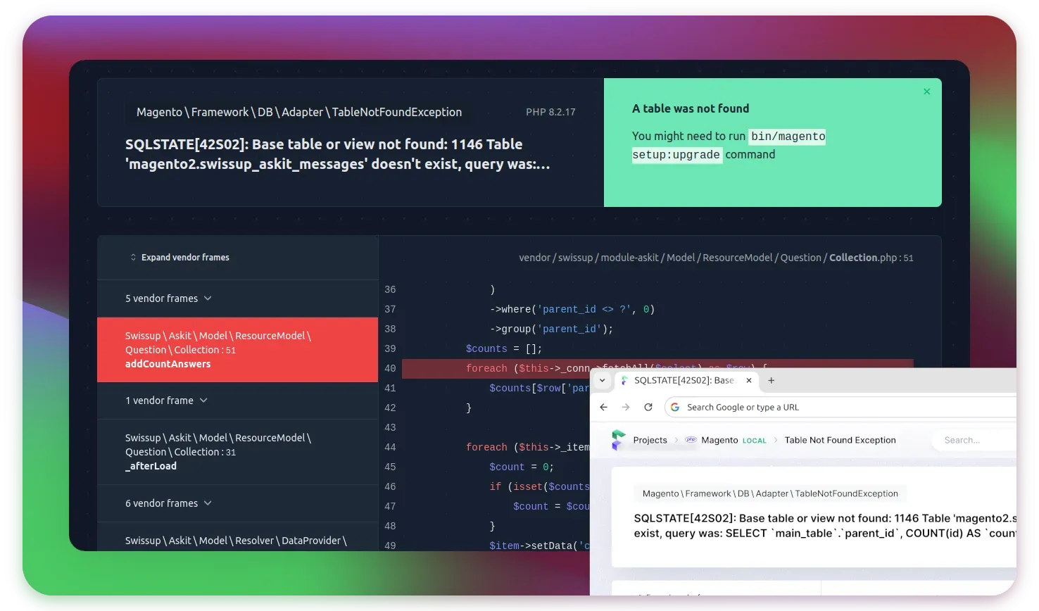 The Ignition styled error page shown in developer mode