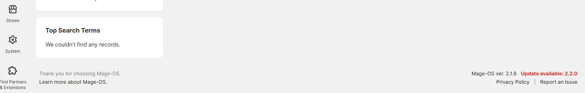 The Mage-OS admin footer showing an 'Update available' notice